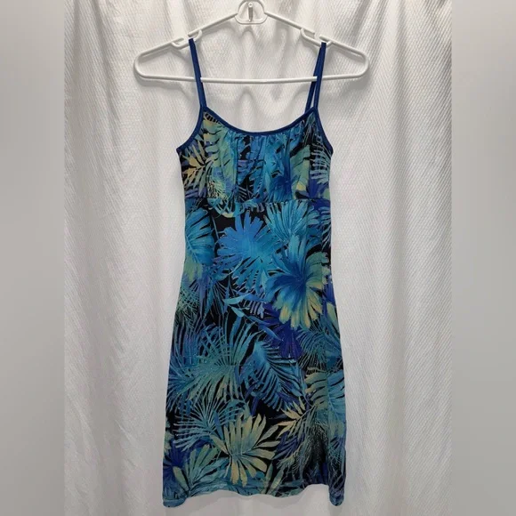 Vintage Y2K Tropical Blue Leaf Print Spaghetti Strap Mini Dress USA Made Size M - Picture 3 of 9